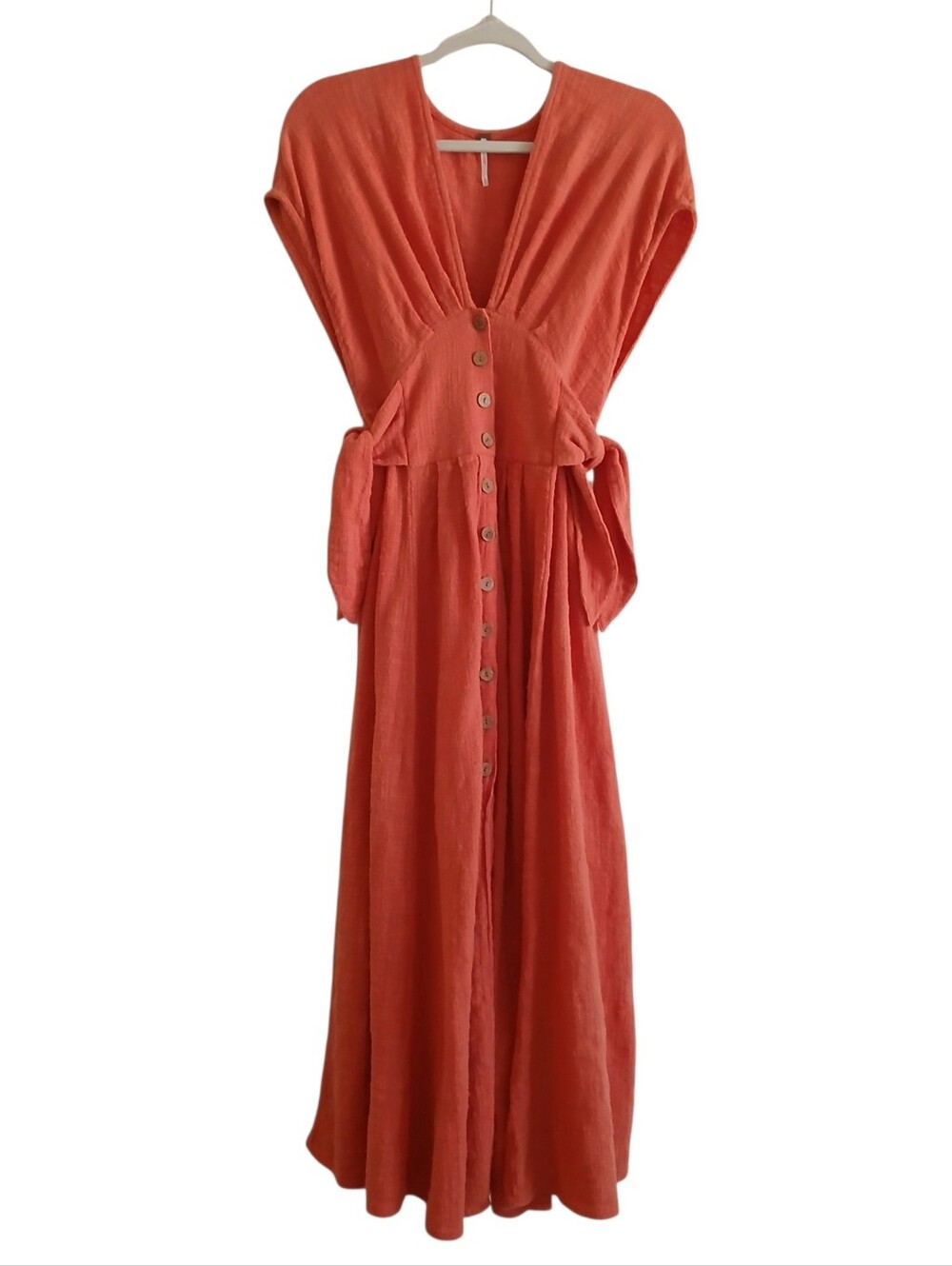 FREE PEOPLE Button Front Textured Midi Dress Women's S Orange Slouchy Side Ties